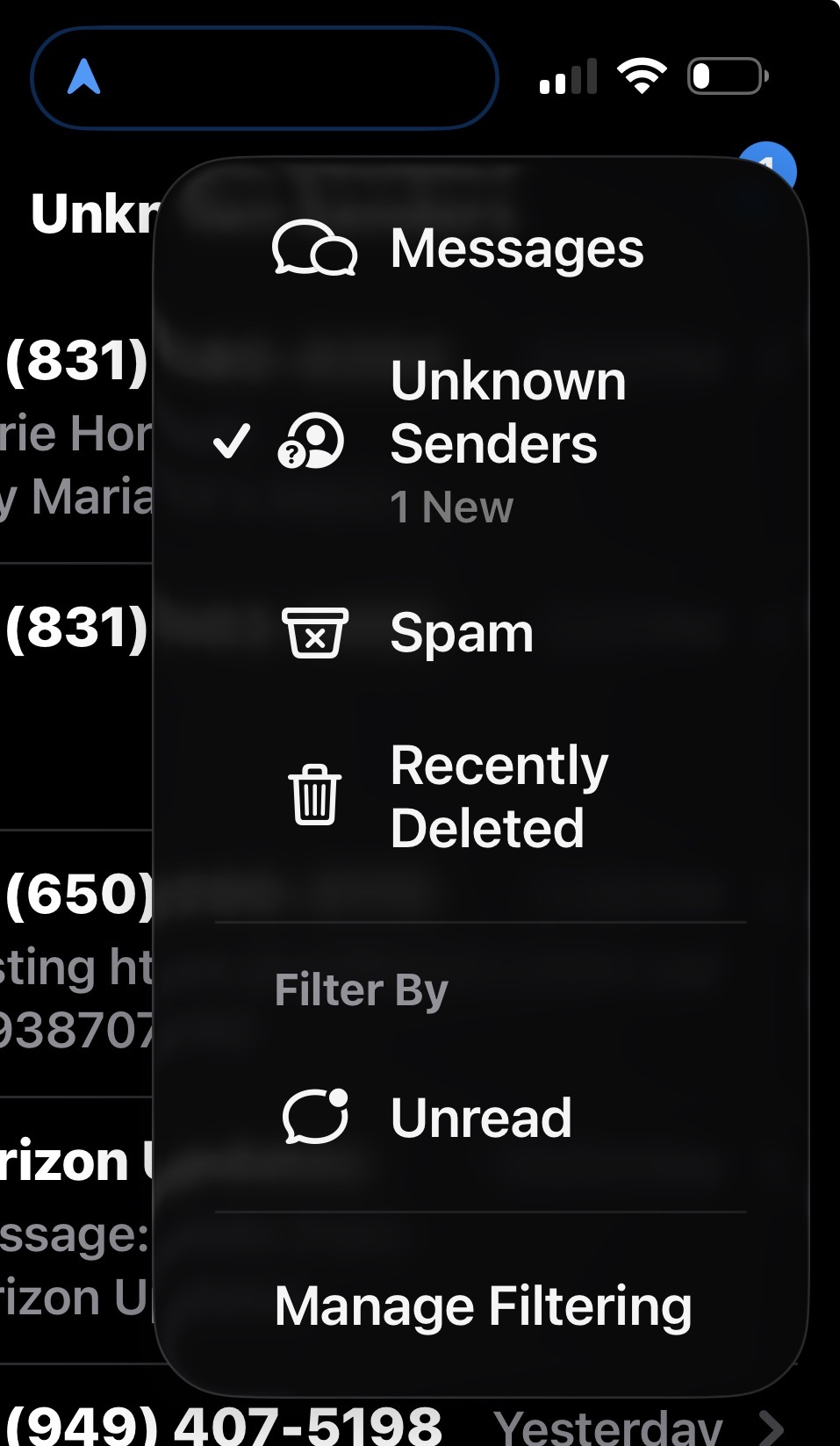 iPhone Messages filter menu showing Unknown Senders option