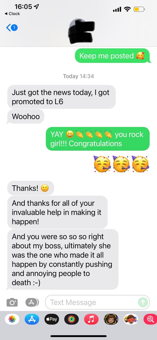 Promoted to L6, "Thanks for all of your invaluable help in making it happen"