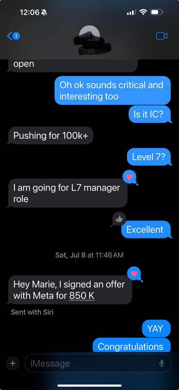 Signed at Meta, $850K, L7 manager role