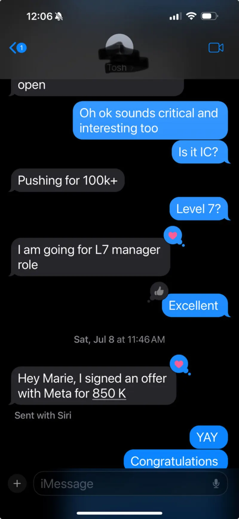Signed at Meta, $850K, L7 manager role