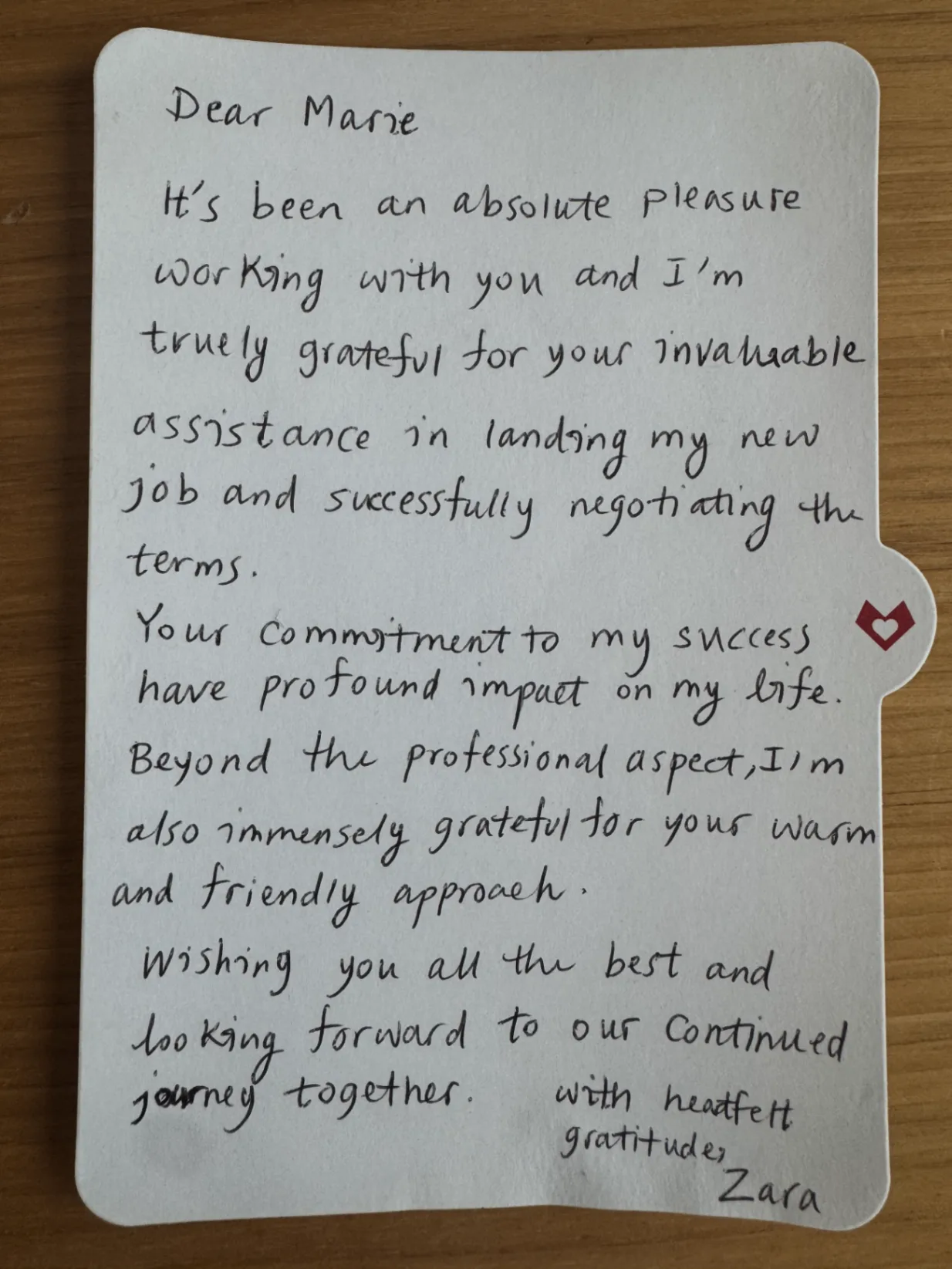Handwritten thank-you note from Zara to Marie Horvath after landing her new role and negotiating her terms